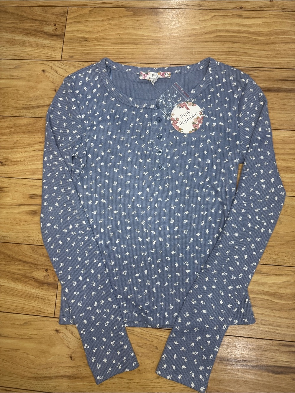 Pink Republic Blue Floral Ribbed Henley Long Sleeve Top